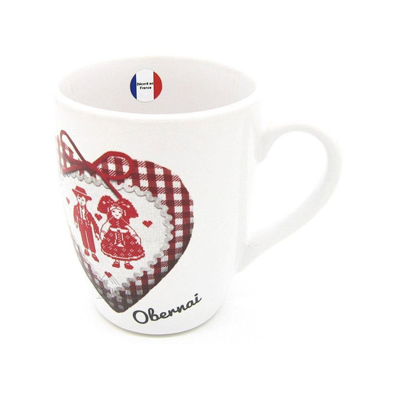 Mug à Café blanc décor Coeur et Couple Alsacien marqué Obernai