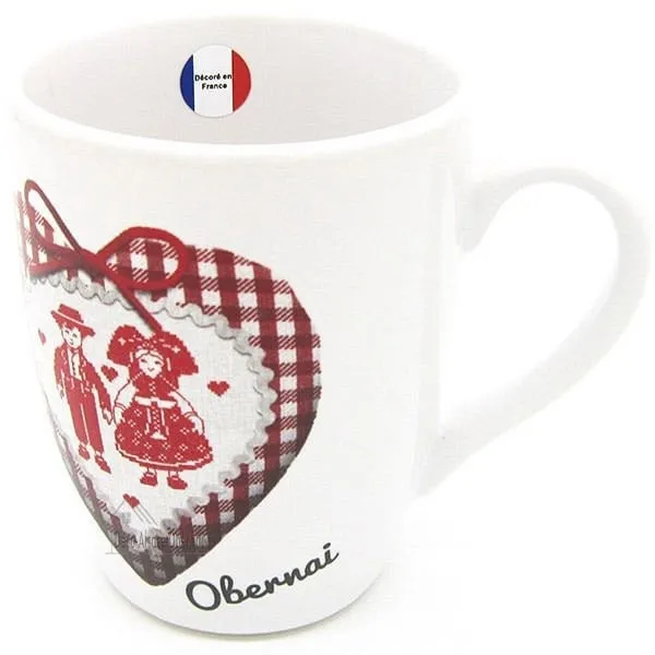 White coffee mug decor Heart and Alsatian couple marked Obernai
