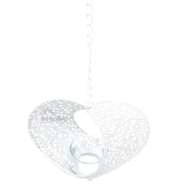 Coeur d'Alsace en Métal Blanc ajouré avec support porte bougie