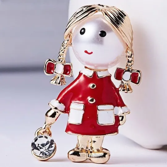 Goudkleurige Fantasiebroche klein Meisje met Vlechten en Strass