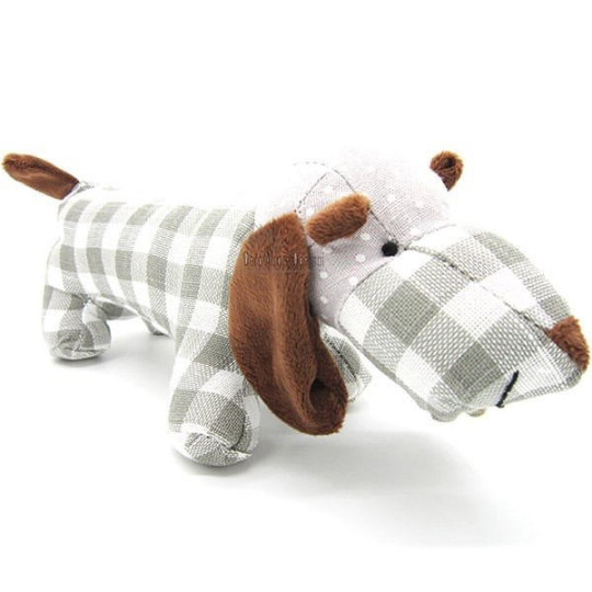 Basset dog cushion padded with gray gingham fabrics