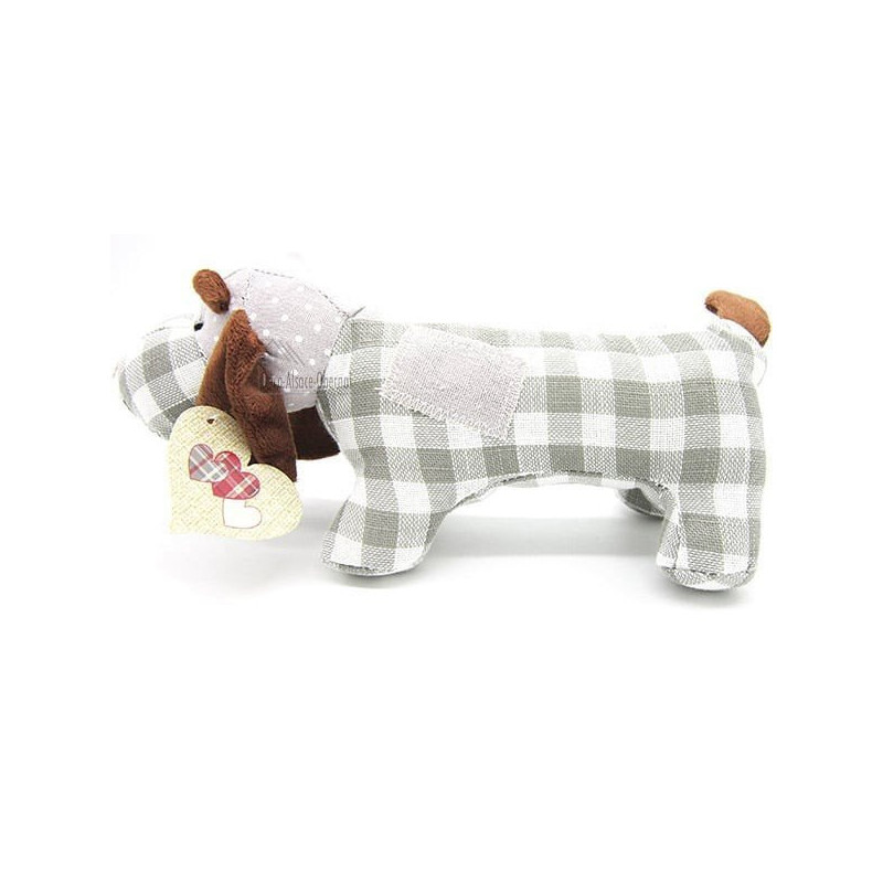 Basset dog cushion padded with gray gingham fabrics