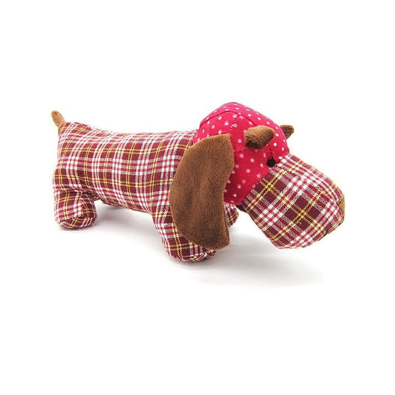 Coussin Chien Basset rembourré Tissus Vichy Jaune et Rouge