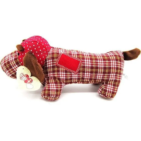 Basset dog cushion padded with yellow and red gingham fabrics