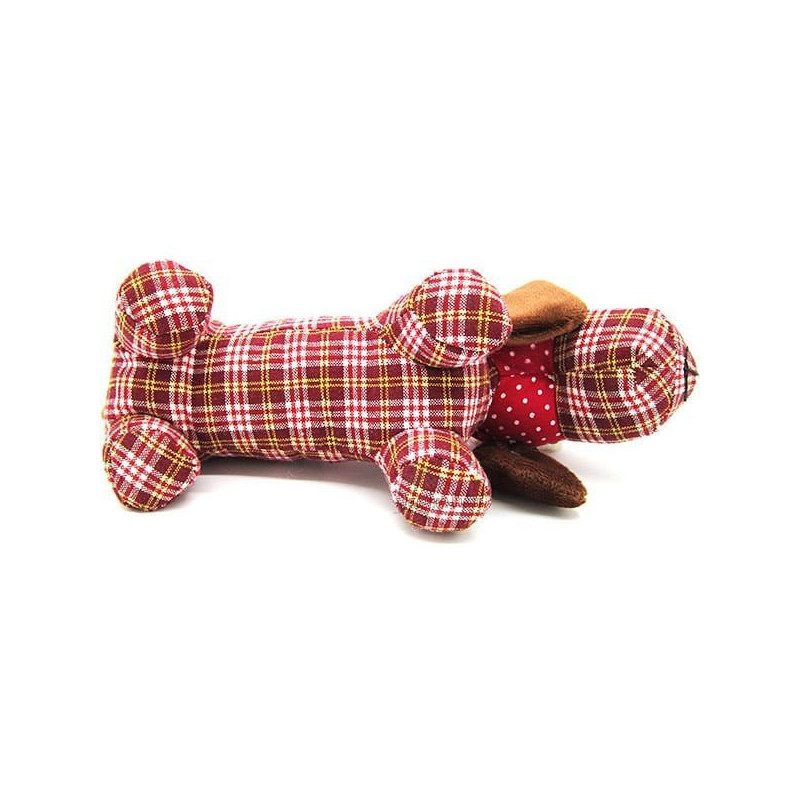 Coussin Chien Basset rembourré Tissus Vichy Jaune et Rouge