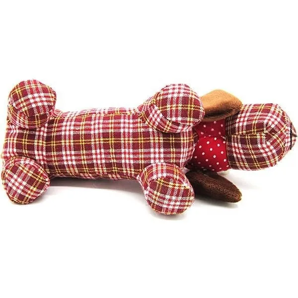Coussin Chien Basset rembourré Tissus Vichy Jaune et Rouge