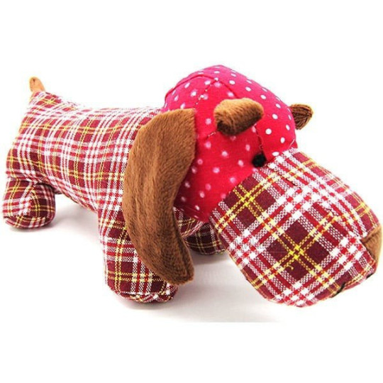 Basset dog cushion padded with yellow and red gingham fabrics