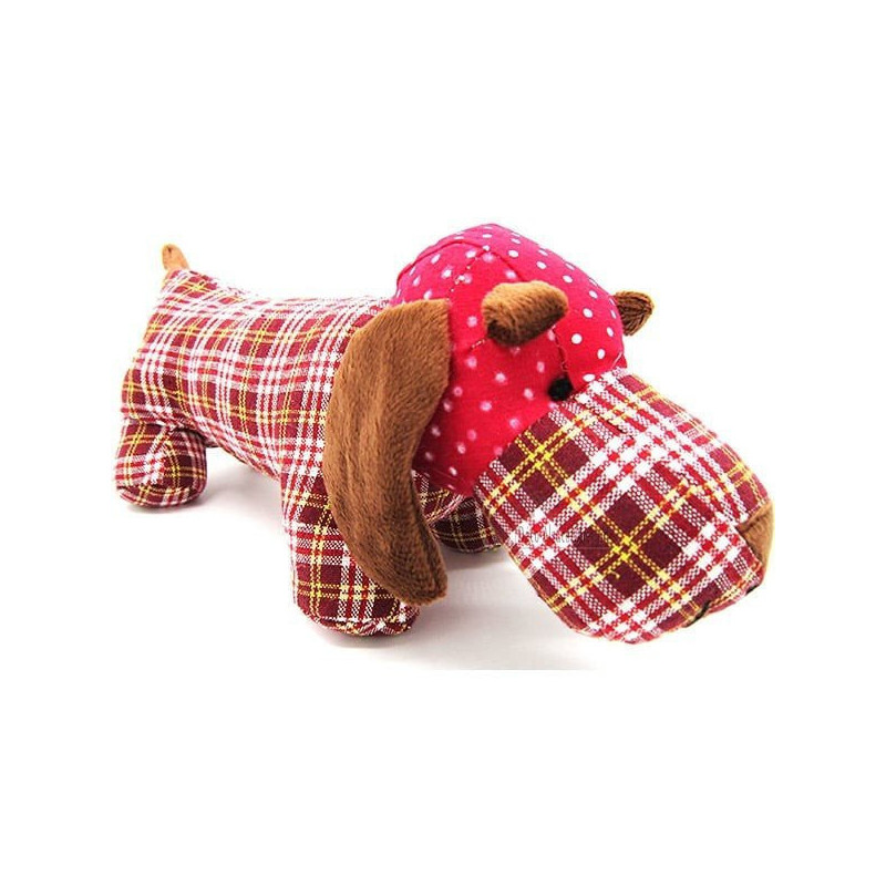 Coussin Chien Basset rembourré Tissus Vichy Jaune et Rouge
