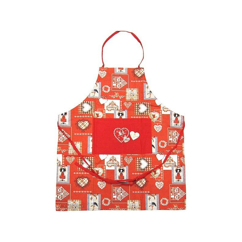 Red adjustable kitchen apron with Hansi and Cigognes d'Alsace decor
