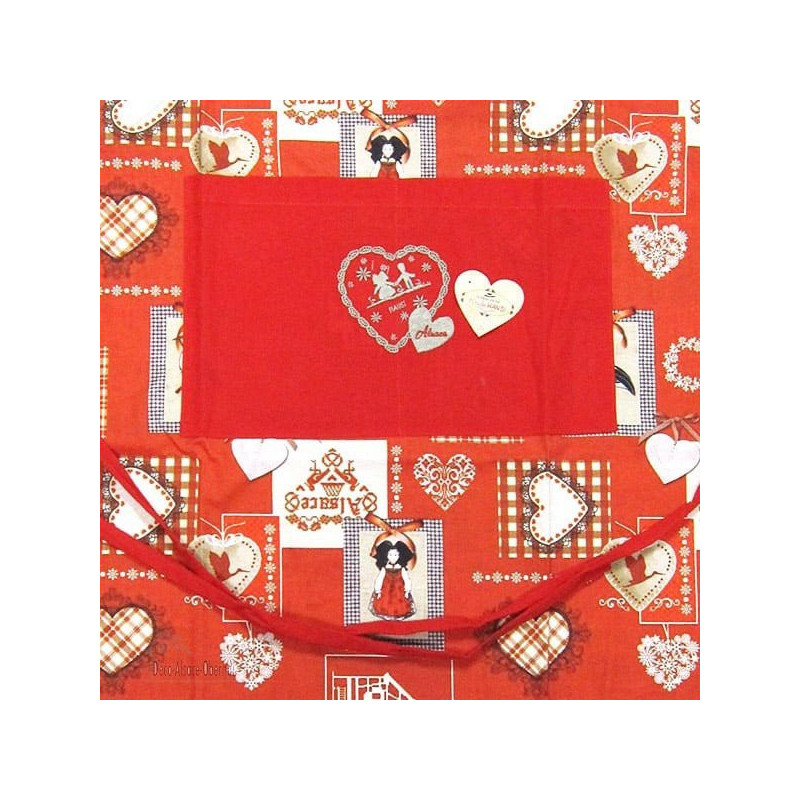 Red adjustable kitchen apron with Hansi and Cigognes d'Alsace decor