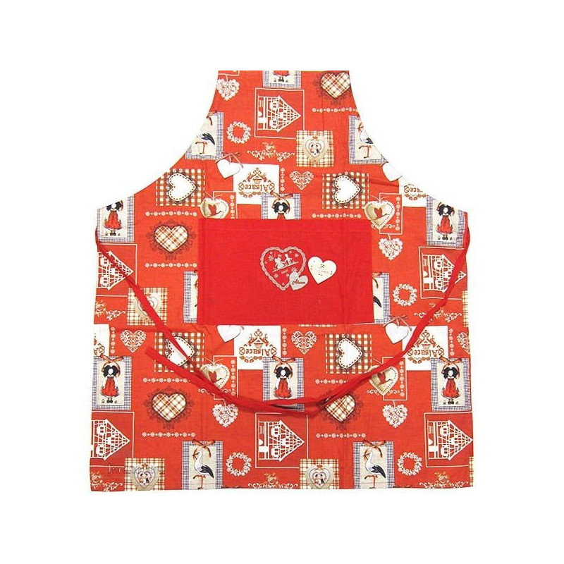 Red adjustable kitchen apron with Hansi and Cigognes d'Alsace decor
