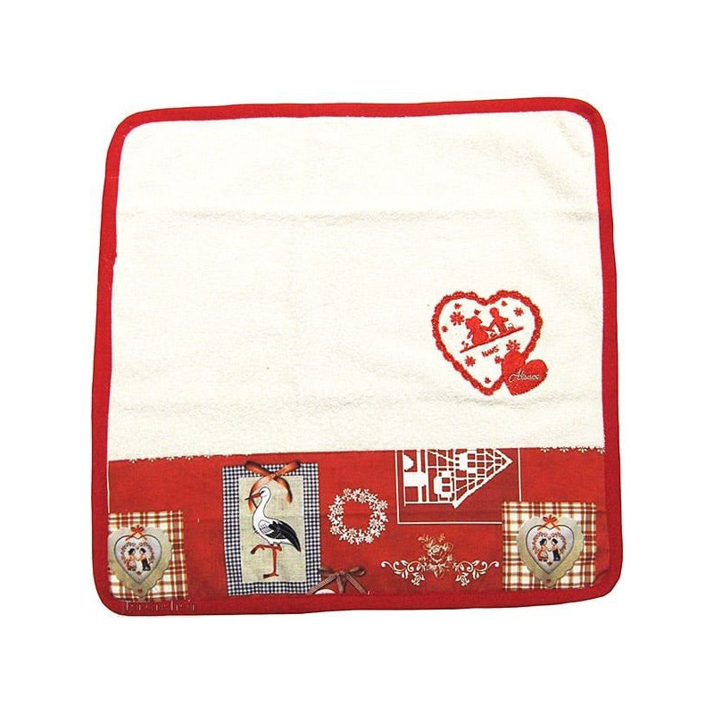 Essuie-Mains de Cuisine carré 100% Coton décor Hansi fond Écru bordure rouge