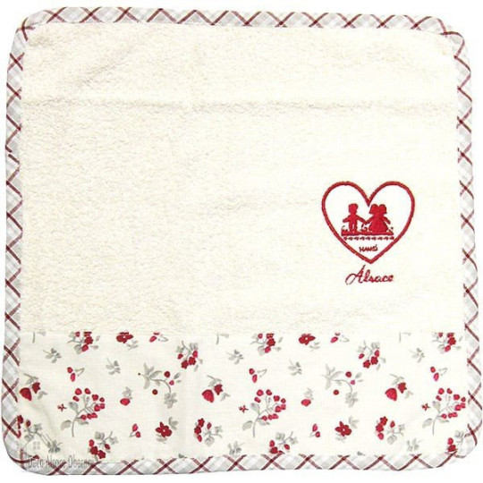 Essuie-Mains de Cuisine carré 100% Coton décor Hansi fond Écru et Coquelicots bordure Vichy