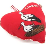 Coeur d'Alsace Rouge rembourré en Tissus brodé Cigognes et Alsace sur fond Vichy