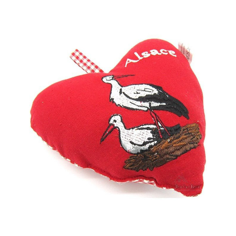 Coeur d'Alsace Rouge rembourré en Tissus brodé Cigognes et Alsace sur fond Vichy