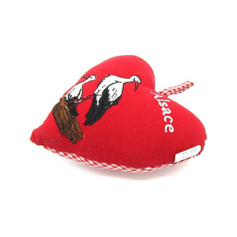 Coeur d'Alsace Red padded with Stork and Alsace embroidered fabrics on a Vichy background