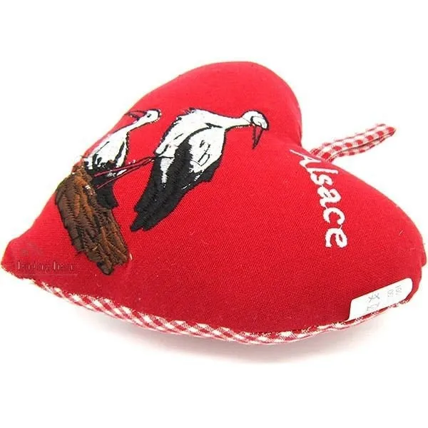 Coeur d'Alsace Rouge rembourré en Tissus brodé Cigognes et Alsace sur fond Vichy