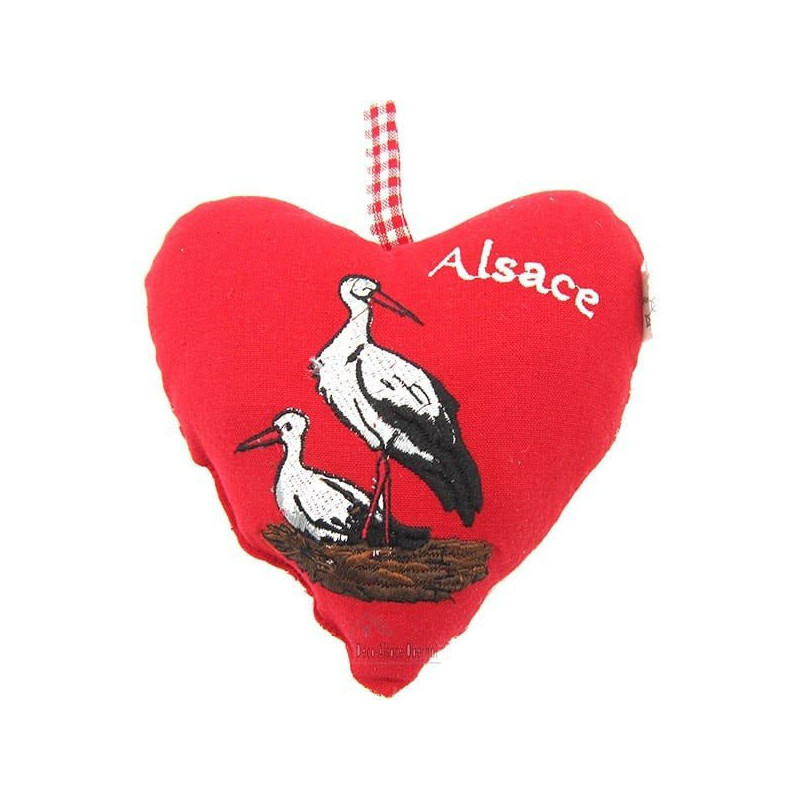 Coeur d'Alsace Rouge rembourré en Tissus brodé Cigognes et Alsace sur fond Vichy