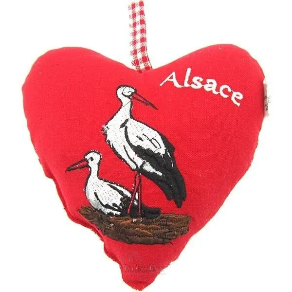Coeur d'Alsace Red padded with Stork and Alsace embroidered fabrics on a Vichy background