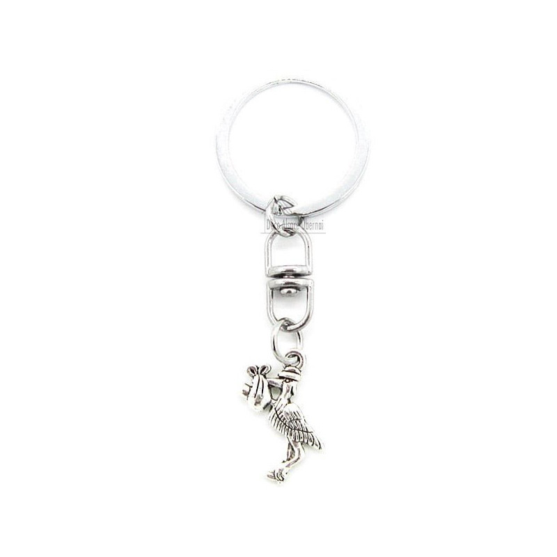 Porte Clé Métal Breloque avec une Cigogne d'Alsace portant un bébé