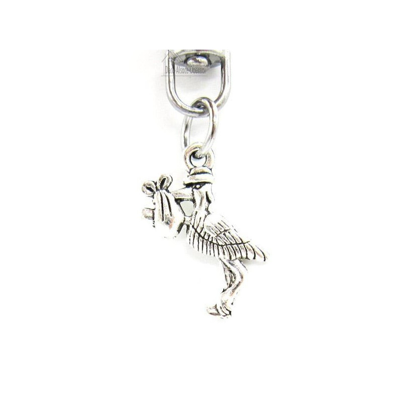 Porte Clé Métal Breloque avec une Cigogne d'Alsace portant un bébé