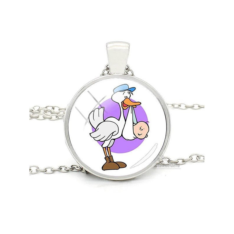 Collier avec Pendentif avec Verre bombé avec Cigogne d'Alsace Humoristique et Bébé