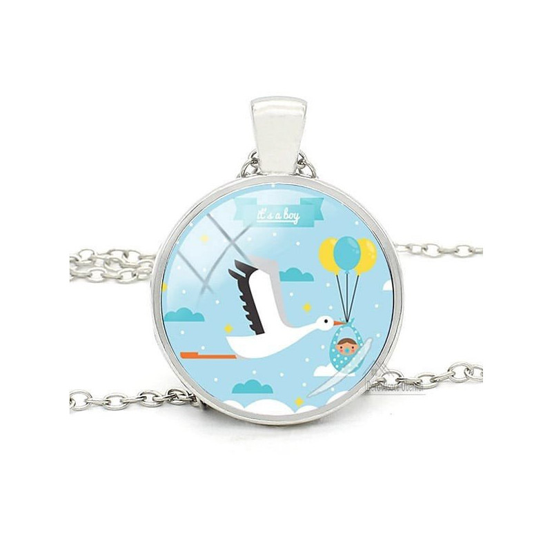 Collier avec Pendentif avec Verre bombé fond Bleu et Cigogne d'Alsace It's a Boy