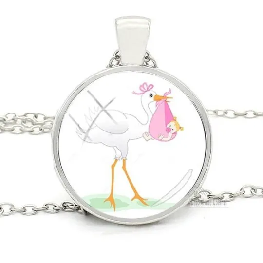 Collier avec Pendentif avec Verre bombé fond Blanc et Cigogne d'Alsace