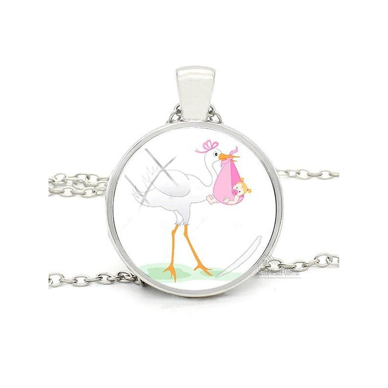 Collier avec Pendentif avec Verre bombé fond Blanc et Cigogne d'Alsace