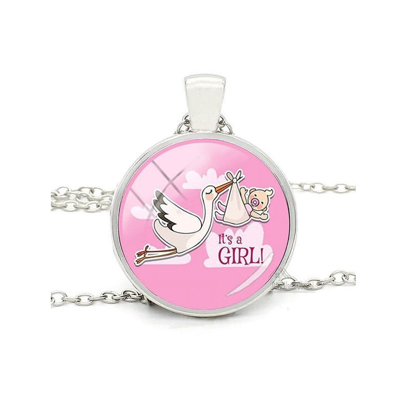 Necklace with Pendant with Curved glass rose background and Alsace Stork It's à Girl