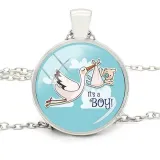 Collier avec Pendentif et Verre bombé fond Bleu Cigogne d'Alsace It's a Boy