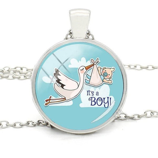 Collier avec Pendentif et Verre bombé fond Bleu Cigogne d'Alsace It's a Boy
