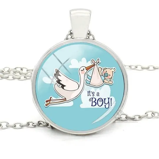 Collier avec Pendentif et Verre bombé fond Bleu Cigogne d'Alsace It's a Boy