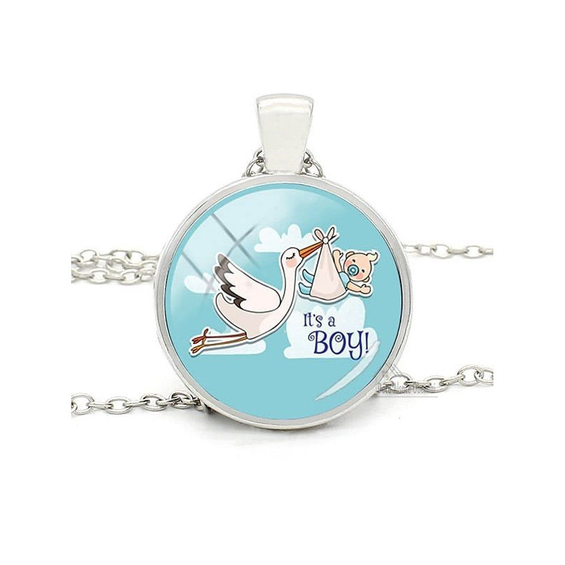 Collier avec Pendentif et Verre bombé fond Bleu Cigogne d'Alsace It's a Boy