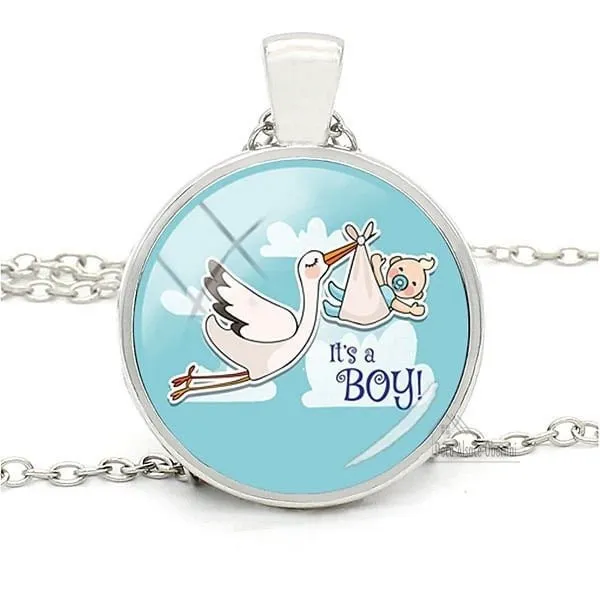Collier avec Pendentif et Verre bombé fond Bleu Cigogne d'Alsace It's a Boy