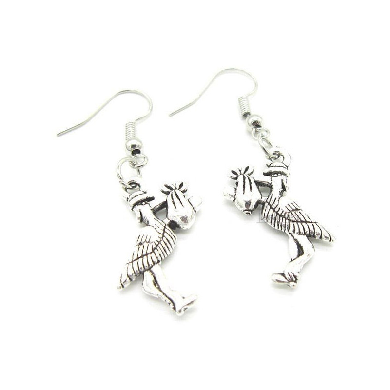 Antique Silver Plated Silver Earring Alsatian Stork Carrying a Baby