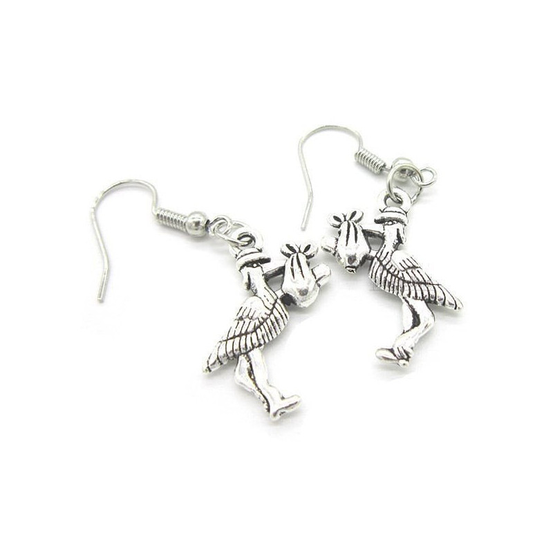 Antique Silver Plated Silver Earring Alsatian Stork Carrying a Baby