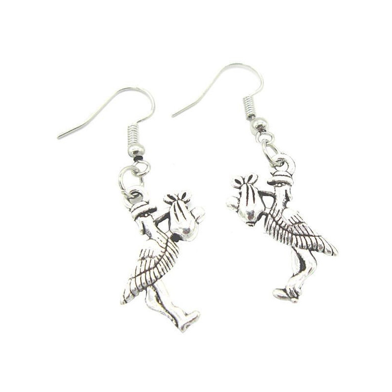 Antique Silver Plated Silver Earring Alsatian Stork Carrying a Baby