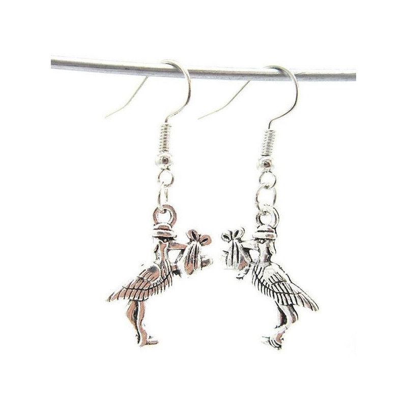 Antique Silver Plated Silver Earring Alsatian Stork Carrying a Baby