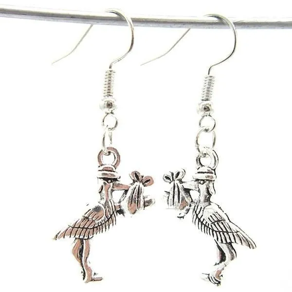 Antique Silver Plated Silver Earring Alsatian Stork Carrying a Baby