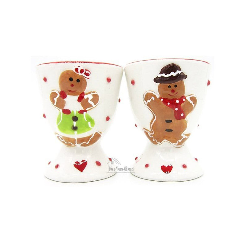 Duo of Maitele and Mannele Ceramic Egg Cups with Alsatian Gingerbread Decor