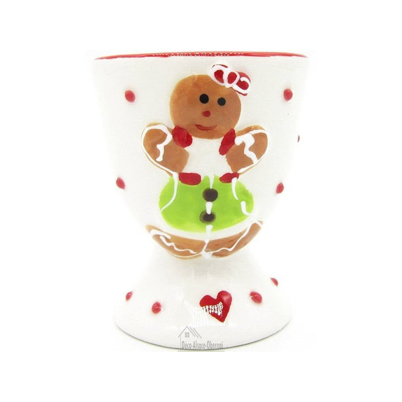 Duo of Maitele and Mannele Ceramic Egg Cups with Alsatian Gingerbread Decor