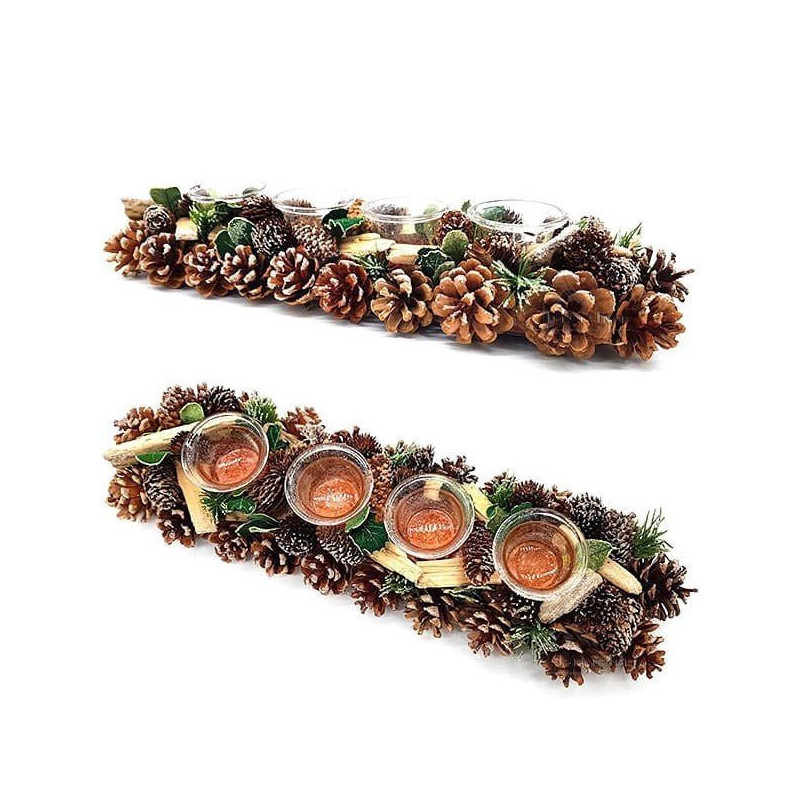 Decorative candle holder 45 cm 4 Verrines with Pine cones