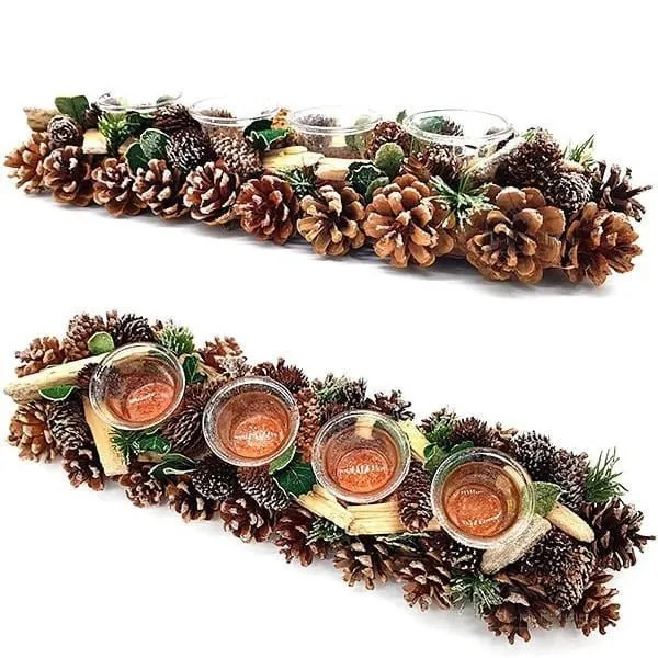 Decorative candle holder 45 cm 4 Verrines with Pine cones