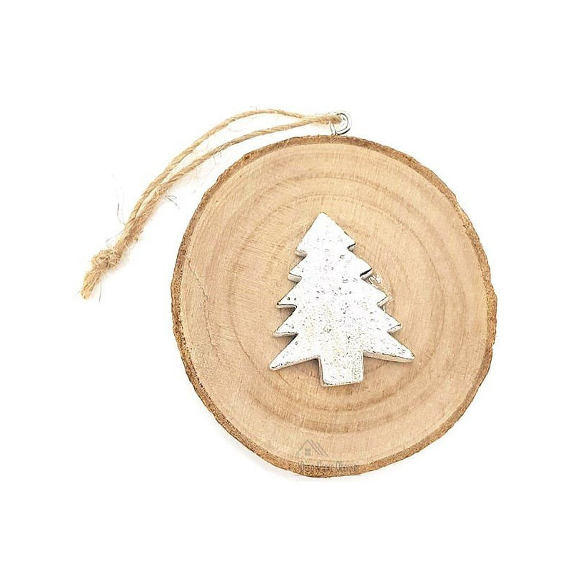 Rondin de Bois Décoratif avec Sapin de Noël en Métal à suspendre