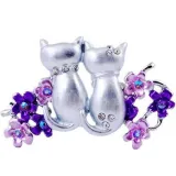 Broche Fantaisie argentée forme double Chat vue de dos sertie de Strass