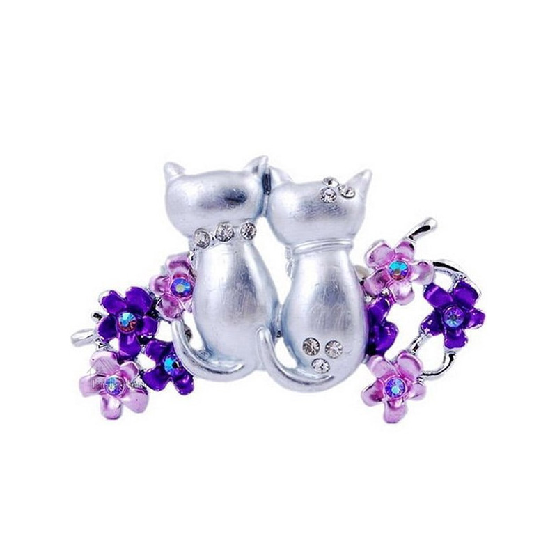 Broche Fantaisie argentée forme double Chat vue de dos sertie de Strass