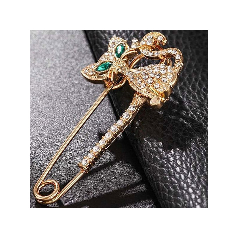 Fancy golden safety pin brooch cat shape green eyes set with rhinestones