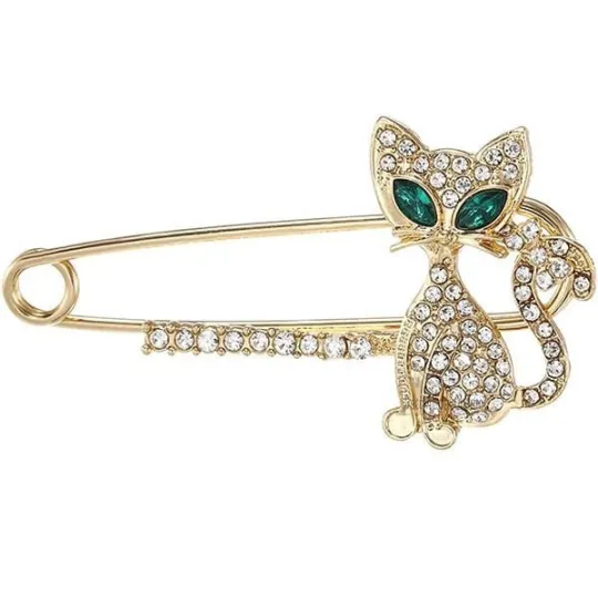 Broche Épingle à Nourrice Fantaisie dorée forme Chat yeux verts sertie de Strass