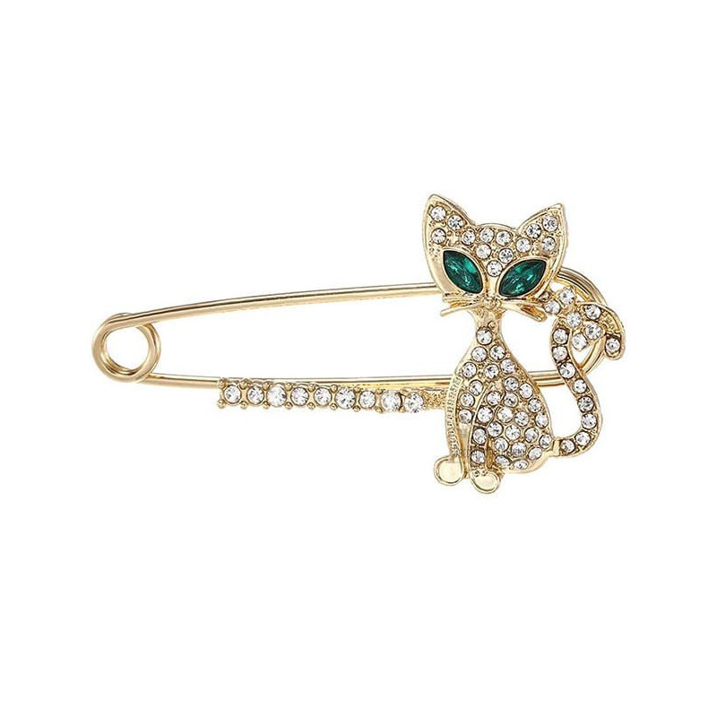 Fancy golden safety pin brooch cat shape green eyes set with rhinestones